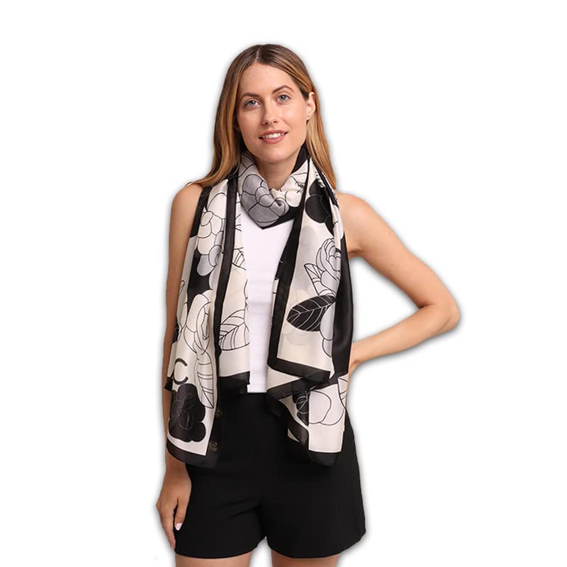 Trillion London® Floral Silk Scarf | Black & White | 100% Silk Scarf For Women | Lightweight Scarves for Ladies | Travelling & Gifting | Smooth & Soft Finish | Shawl Wraps | Size - 180 cm*90 cm