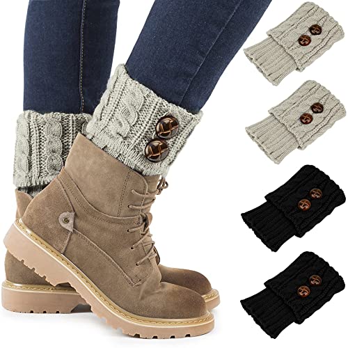 Winter Warm Women Leg Warmers Short Comfortable Crochet Boot Knit Cuffs Socks 2 Pairs (Black+Grey)