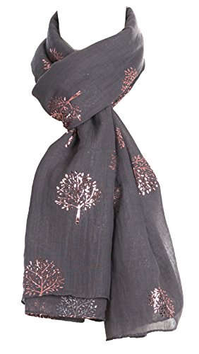 World of Shawls Silver Foil Mulberry Tree Print Fashion Scarf (Grey)