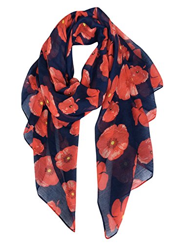 New Ladies Womens Celebrity Style Scarf Scarves (Navy Blue Poppy Flower)