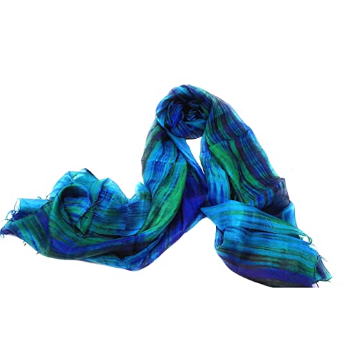 Millie & Boo 100% Pure Silk Scarf Woman's Scarves Shawl Wrap Hand Painted Blue and Green Silk Scarf