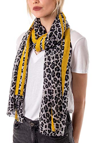 Style Slice Leopard Print Scarves for Women Animal Print Scarfs Long Neck Scarf Presents for Birthdays Mustard Red For Her Scarfs Women Shawls & Wraps (01-Grey Scarf With Mustard Leopard Print)