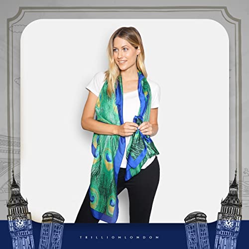 Trillion London® Spring Collection | Peacock Print 100% Silk Neck Scarf For Women | Ladies Lightweight Scarves | Shawl Wraps | Suiutable for Daily Life, Gifting | Smooth Soft Finish| Size - 180cm*90cm