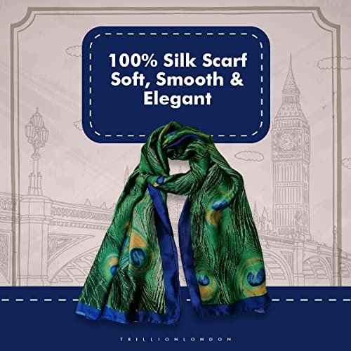 Trillion London® Spring Collection | Peacock Print 100% Silk Neck Scarf For Women | Ladies Lightweight Scarves | Shawl Wraps | Suiutable for Daily Life, Gifting | Smooth Soft Finish| Size - 180cm*90cm