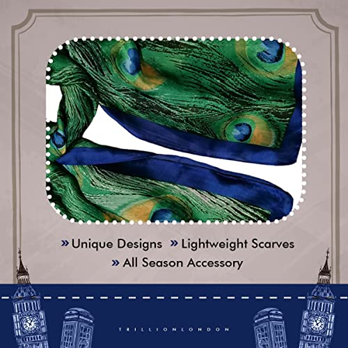 Trillion London® Spring Collection | Peacock Print 100% Silk Neck Scarf For Women | Ladies Lightweight Scarves | Shawl Wraps | Suiutable for Daily Life, Gifting | Smooth Soft Finish| Size - 180cm*90cm