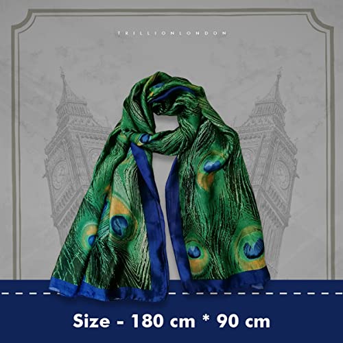 Trillion London® Spring Collection | Peacock Print 100% Silk Neck Scarf For Women | Ladies Lightweight Scarves | Shawl Wraps | Suiutable for Daily Life, Gifting | Smooth Soft Finish| Size - 180cm*90cm