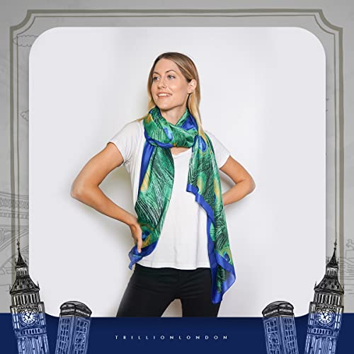 Trillion London® Spring Collection | Peacock Print 100% Silk Neck Scarf For Women | Ladies Lightweight Scarves | Shawl Wraps | Suiutable for Daily Life, Gifting | Smooth Soft Finish| Size - 180cm*90cm