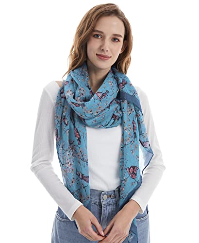 DiaryLook Women Lightweight Scarf Blue Neck Scarf Gifts for Ladies Bird Long Scarves Floral Design Shawl Wrap