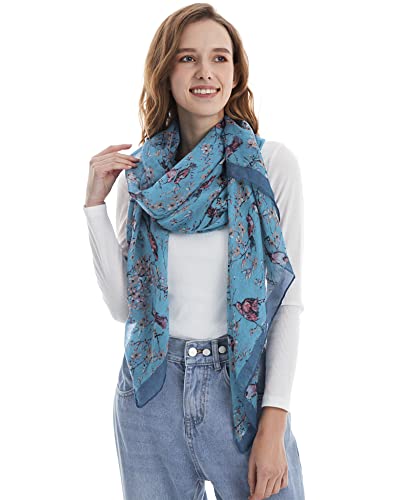 DiaryLook Women Lightweight Scarf Blue Neck Scarf Gifts for Ladies Bird Long Scarves Floral Design Shawl Wrap