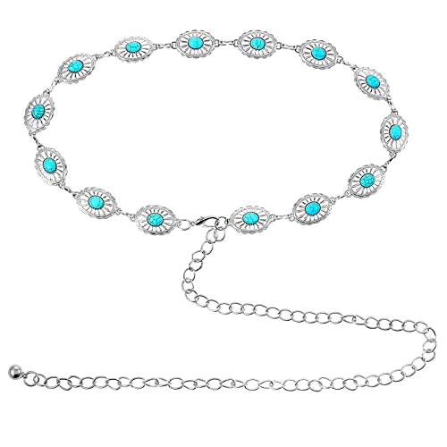 Turquoise Western Metal Belt with Concho Chain for Women