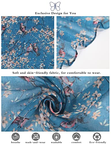 DiaryLook Women Lightweight Scarf Blue Neck Scarf Gifts for Ladies Bird Long Scarves Floral Design Shawl Wrap