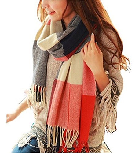 heekpek Winter Long Soft Warm Tartan Check Scarves Wraps for women Wool Spinning Tassel Shawl Long Stole， Red Blue， One Size