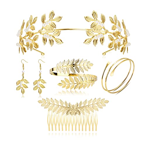 ORAZIO 5 Pcs Greek Goddess Accessories Set for Women Greek Goddess Headband Roman Gold Leaf Headband Crown Greek Gold Arm Bracelet Cuff Hair Comb Slides Leaf Hair Clip Decorations for Girls Halloween