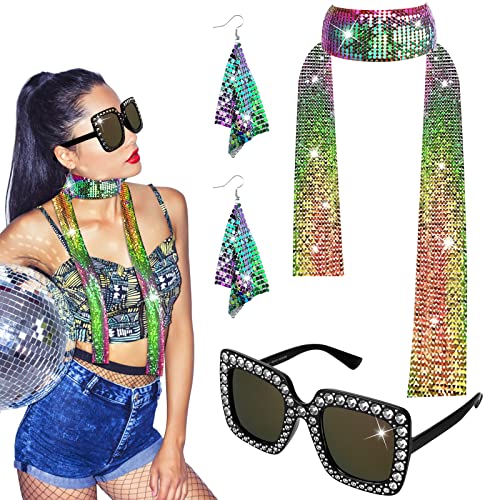 1970s Disco Jewelry Set - Earrings, Scarf, Sunglasses