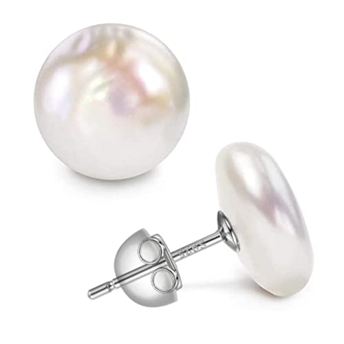 Vintage Silver Coin Pearl Stud Earrings - 12-14mm