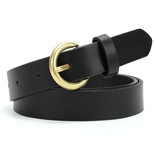 Retro Leather Waist Belt with Gold Buckle - Black