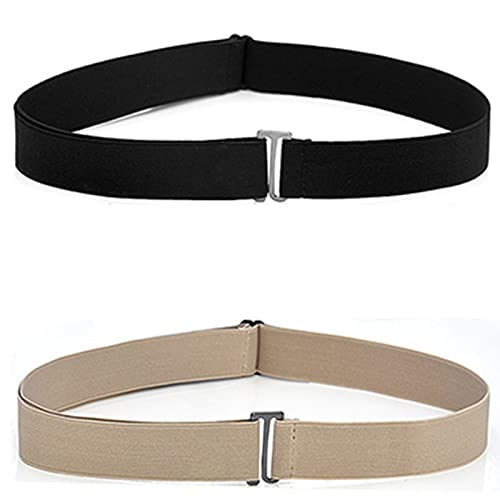 BLMHTWO 2PCS Invisible Elastic Belt, Adjustable No Show Belts No Buckle Women Belt Elastic Stretch Belt with Flat Metal Buckle Waist Belt for Women Jeans Pants Dresses(Black, Khaki)