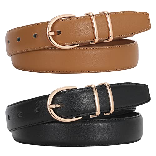 2-Pack Women's Leather Belts with Gold Buckle