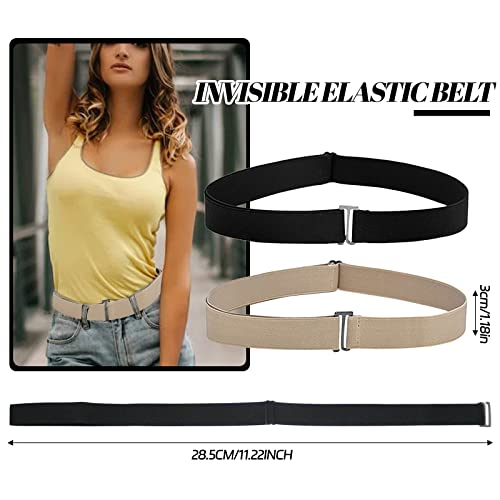 BLMHTWO 2PCS Invisible Elastic Belt, Adjustable No Show Belts No Buckle Women Belt Elastic Stretch Belt with Flat Metal Buckle Waist Belt for Women Jeans Pants Dresses(Black, Khaki)