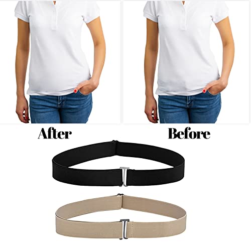 BLMHTWO 2PCS Invisible Elastic Belt, Adjustable No Show Belts No Buckle Women Belt Elastic Stretch Belt with Flat Metal Buckle Waist Belt for Women Jeans Pants Dresses(Black, Khaki)
