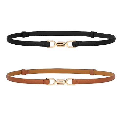 Women's Skinny Leather Belt with Gold Buckle - Black+Brown