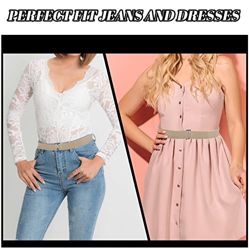 BLMHTWO 2PCS Invisible Elastic Belt, Adjustable No Show Belts No Buckle Women Belt Elastic Stretch Belt with Flat Metal Buckle Waist Belt for Women Jeans Pants Dresses(Black, Khaki)