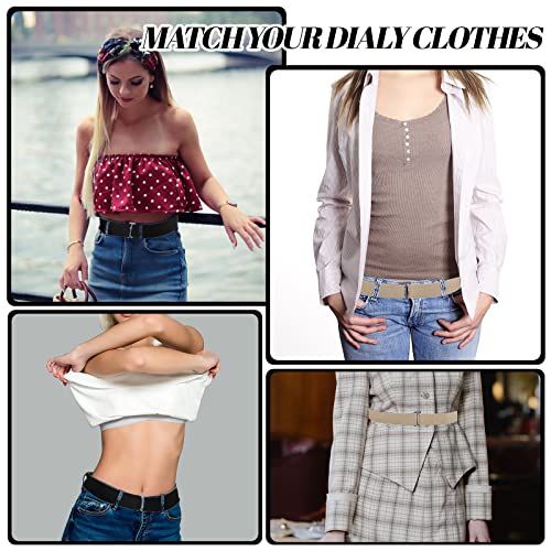 BLMHTWO 2PCS Invisible Elastic Belt, Adjustable No Show Belts No Buckle Women Belt Elastic Stretch Belt with Flat Metal Buckle Waist Belt for Women Jeans Pants Dresses(Black, Khaki)