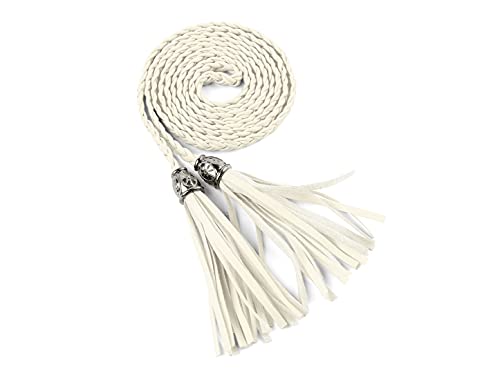 Women's Beige Tassel Braided Skinny Waist Belt