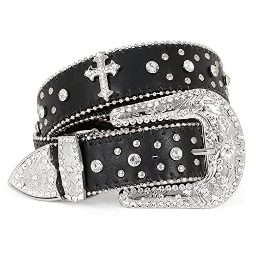Black Rhinestone Studded Leather Belt - Vintage Retro