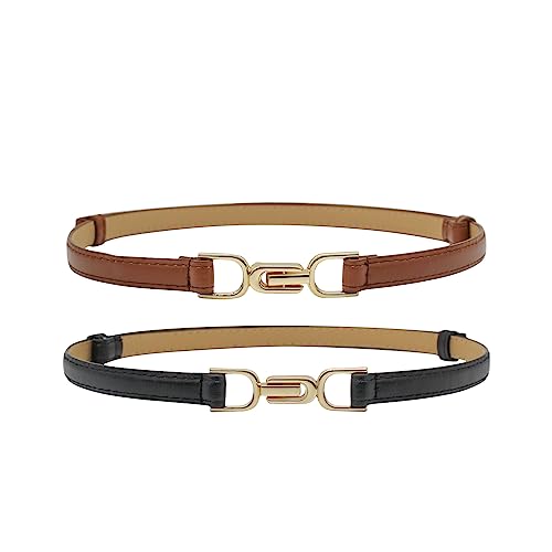 2 Pack Skinny Leather Belts with Gold Buckle