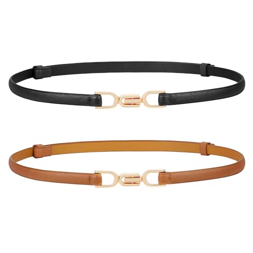 JASGOOD 2 Pack Women Skinny Leather Belt - Fashionable Vintage Buckle