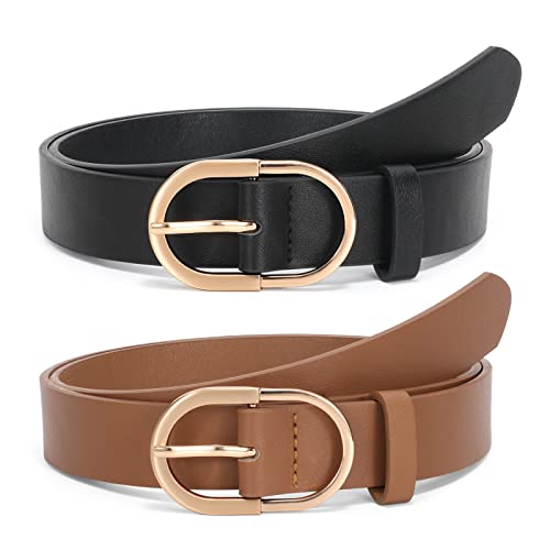2-Pack Women's Leather Belts with Gold Buckle