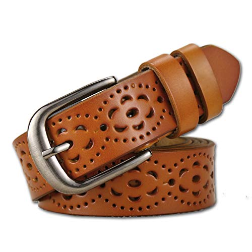 Genuine Leather Waist Belt with Floral Design - Brown
