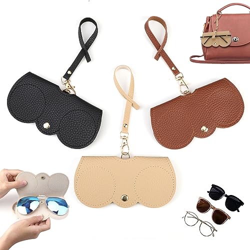 Elkflee 3PCS Soft Leather Glasses Bag with Lanyard Slim Anti Scratch PU Leather Sunglasses Case Flexible Eyeglasses Pouch Cute Cartoon Storage Holder Portable Spectacle Storage for Women Men Girls