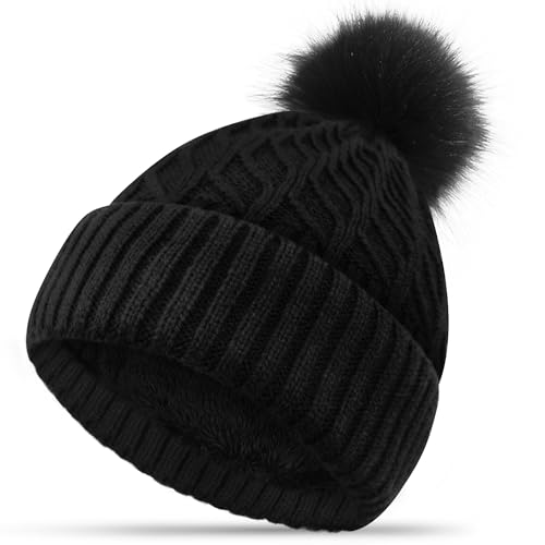 Black Double Fleece Bobble Hat with Pom Pom