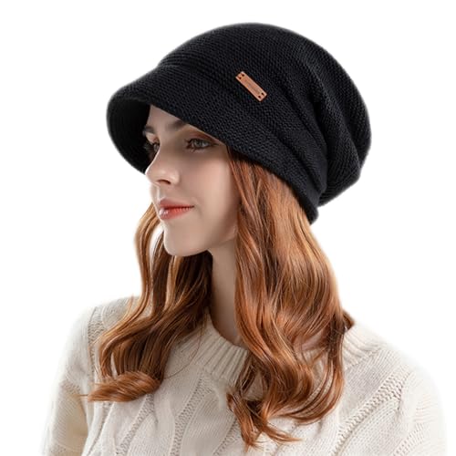 Black Knit Visor Hat with Fleece Lining
