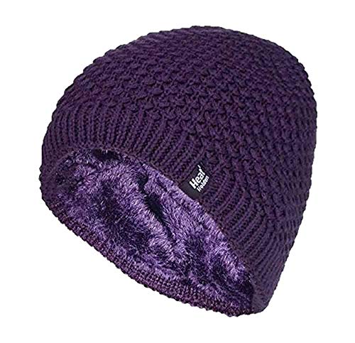 Crochet Knit Fleece Lined Winter Beanie Hat (Purple)
