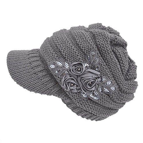 Vintage Grey Knitted Crochet Beanie Hat for Women