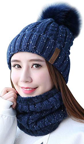 IYEBRAO Winter Pom Pom Beanie Scarf (Navy Blue)