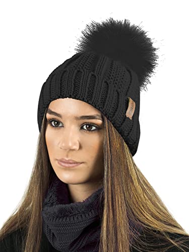 Black Ribbed Beanie with Faux Fur Pom Pom