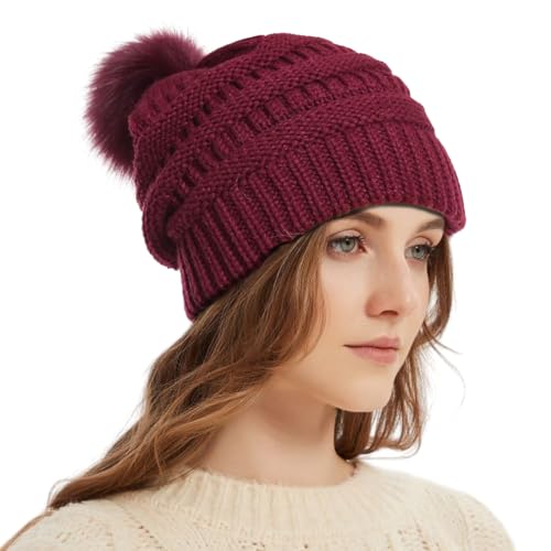 Burgundy Slouchy Beanie with Fleece Liner and Pom Pom