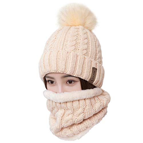 Retro Beige Pom Beanie Hat and Scarf Set