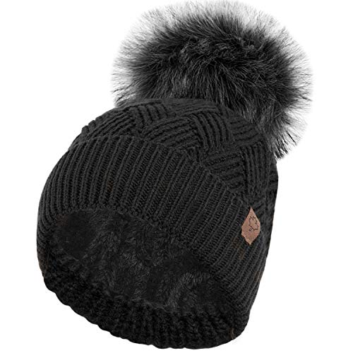 Chunky Cable Knit Hat with Fleece Lining - Black