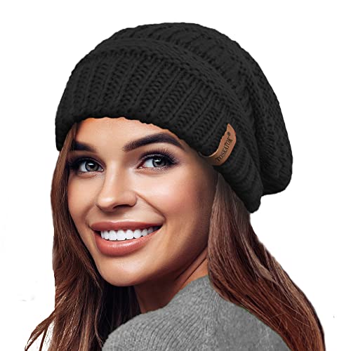 Black Slouch Knit Winter Beanie Hat