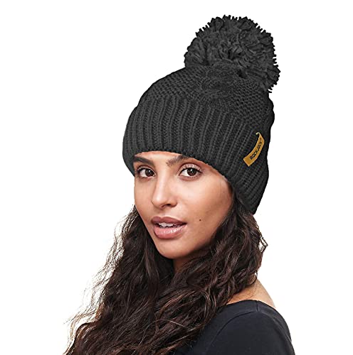 Black Chunky Cable Knit Pom Pom Hat with Teddy Fleece