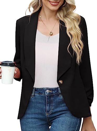 PrinStory Women's Blazer Suit Open Front Cardigan 3/4 Ruched Sleeve Fitted Jacket Casual Office Blazer (Black, 16-18)