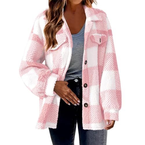 Ladies Checked Fleece Jacket Shacket For Women UK Plus Size Plaid Shirt Jacket Oversized Baggy Shacket Top Boyfriend Button Down Retro Jacket Winter Warm Cardigan Winter Coats UK 8-20 Pink 5XL