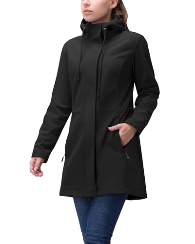 33,000ft Women’s Lightweight Softshell Jacket with Hood Waterproof Ladies Functional Jacket Fleece Lined Windbreaker Breathable Raincoat Active Hooded Long Coats for Cycling Hiking Outdoor Black XL