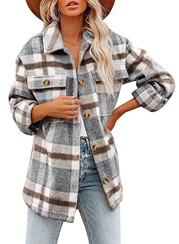 Women's Oversize Plaid Flannel Shirt Jacket - Khaki M