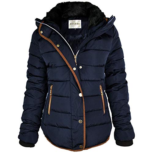 Fashion Thirsty Womens Ladies Quilted Winter Coat Puffer Faux Fur Collar Hooded Jacket Parka New Size (UK 14, Navy Blue/Brown Trim)